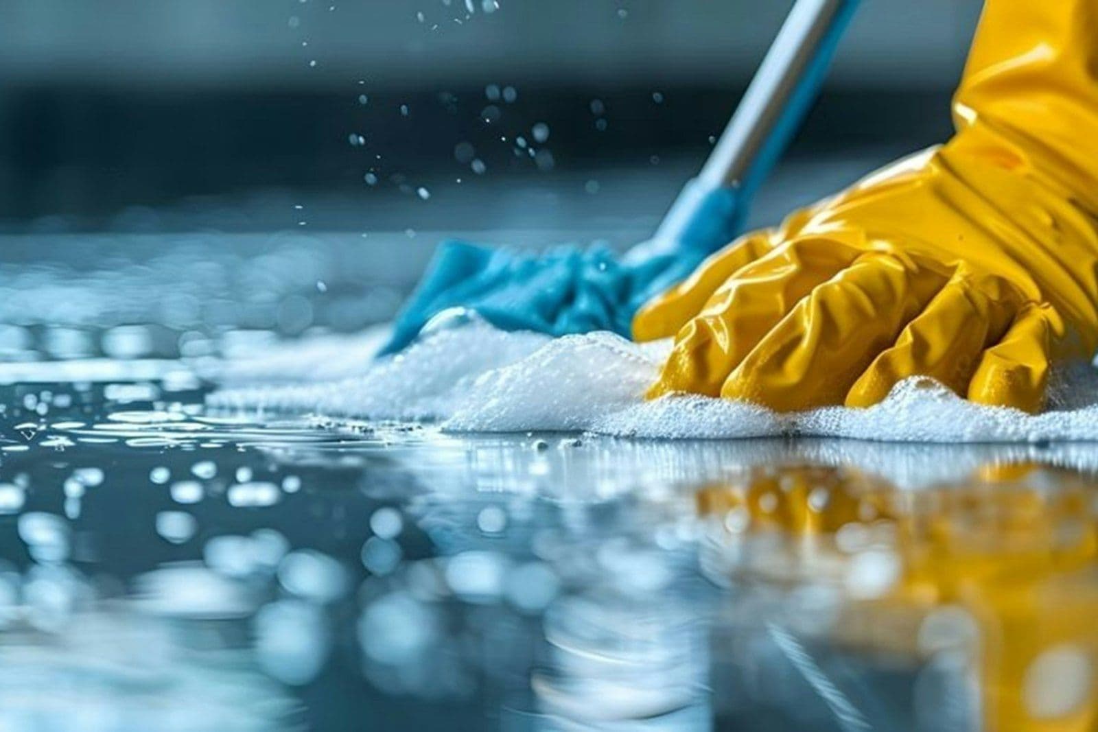 Close-up of hard floor deep scrubbing with gloves and floor-care solution, Dallas TX