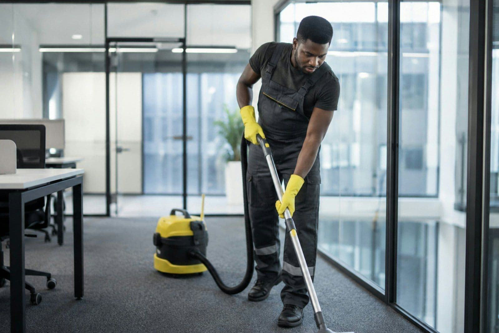 Commercial restoration technician vacuuming a modern office for a Dallas and Houston business