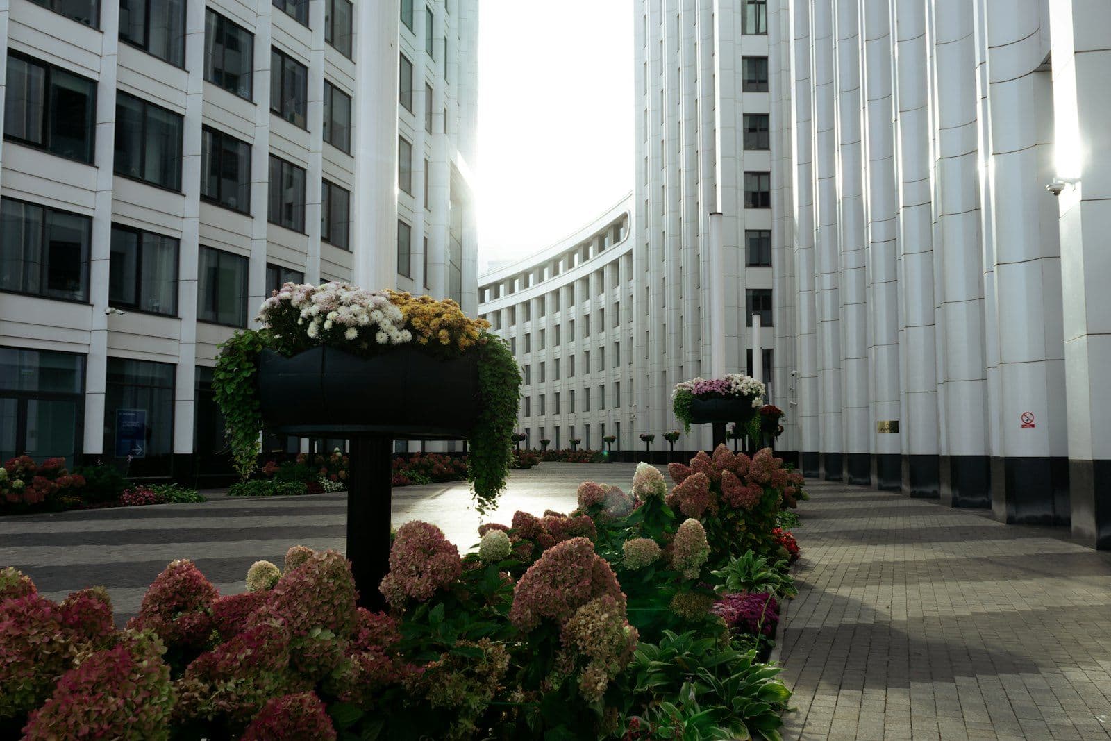 Maintained flower planters and landscaping in an office building courtyard, Dallas TX